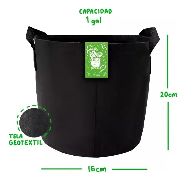 KIT 5 Macetas De Cultivo Geotextil Gapy 1 Galon Con Asas