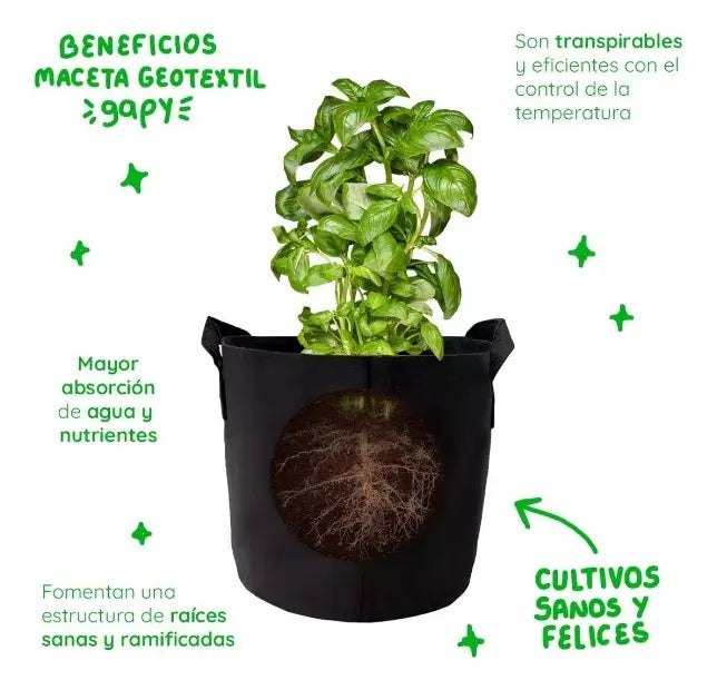 KIT 5 Macetas De Cultivo Geotextil Gapy 1 Galon Con Asas